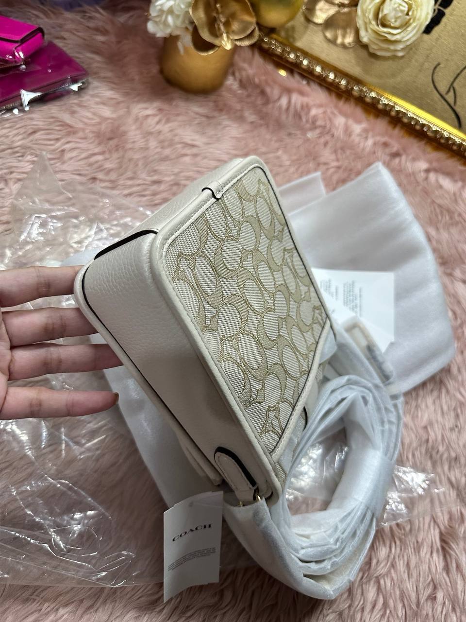 ORIG & IMPORTED COACH North/South Lonnie Phone Crossbody Small Bag In Signature Jacquard White