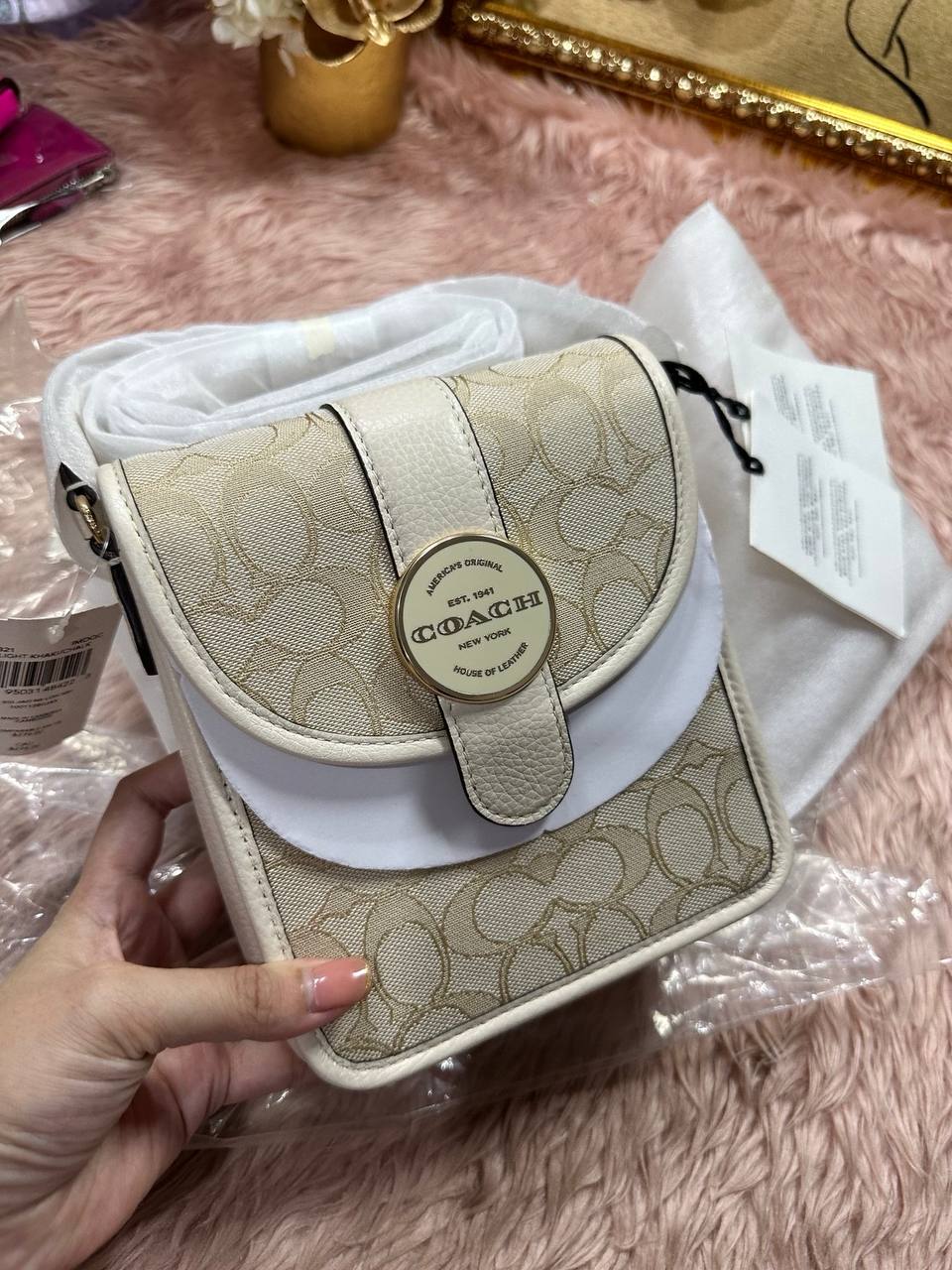 ORIG & IMPORTED COACH North/South Lonnie Phone Crossbody Small Bag In Signature Jacquard White