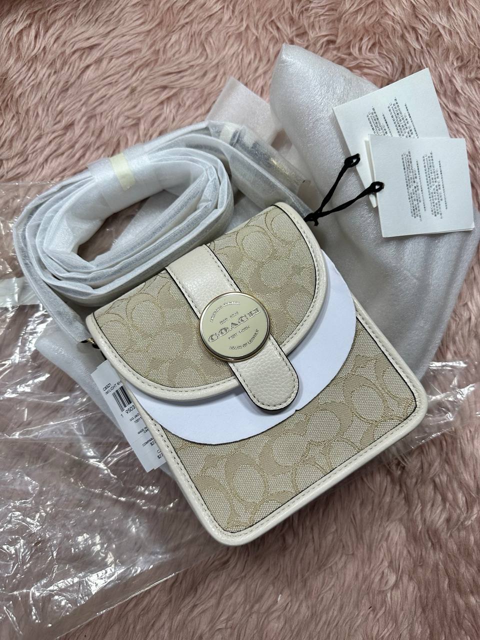 ORIG & IMPORTED COACH North/South Lonnie Phone Crossbody Small Bag In Signature Jacquard White