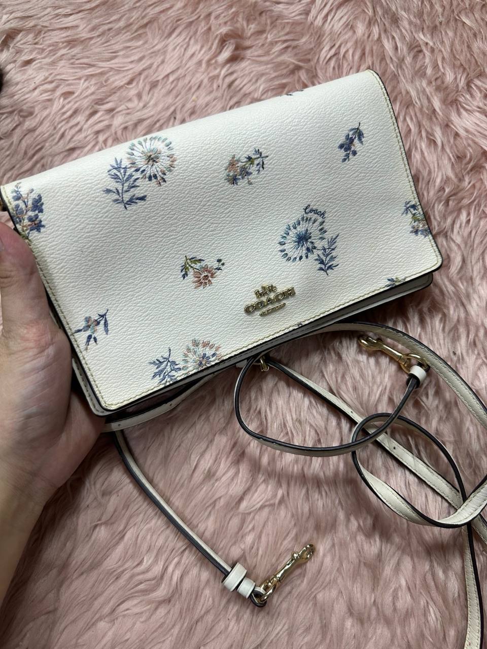 ORIG Preloved COACH Anna Foldover Crossbody Clutch Small White Bag Dandelion Floral Print