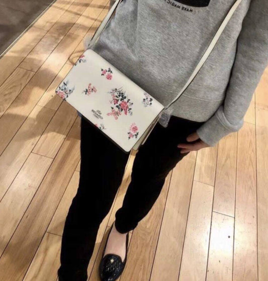 ORIG Preloved COACH Anna Foldover Crossbody Clutch Small White Bag Dandelion Floral Print