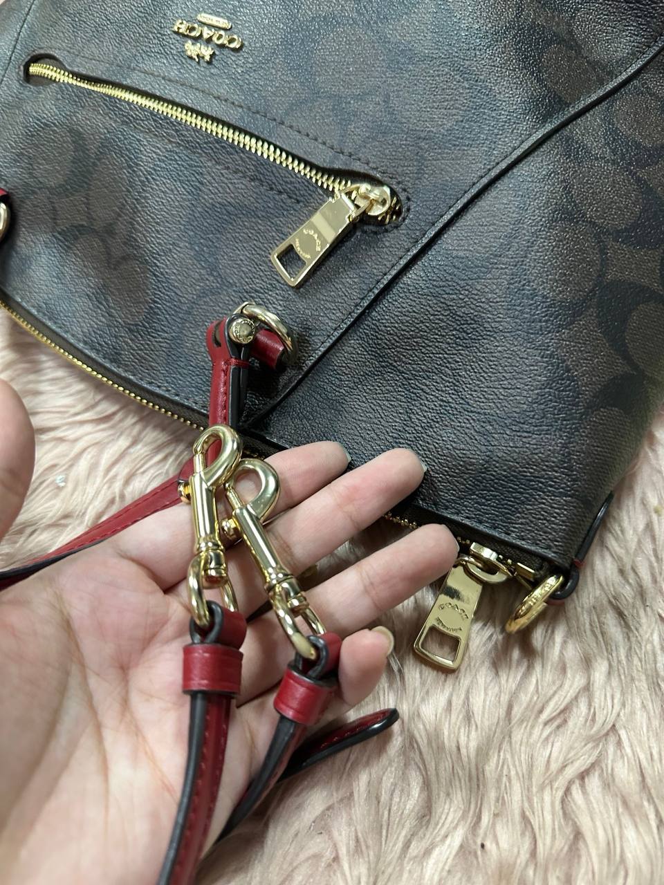 ORIG Preloved COACH Prairie Satchel In Signature Canvas Brown/Red Bag