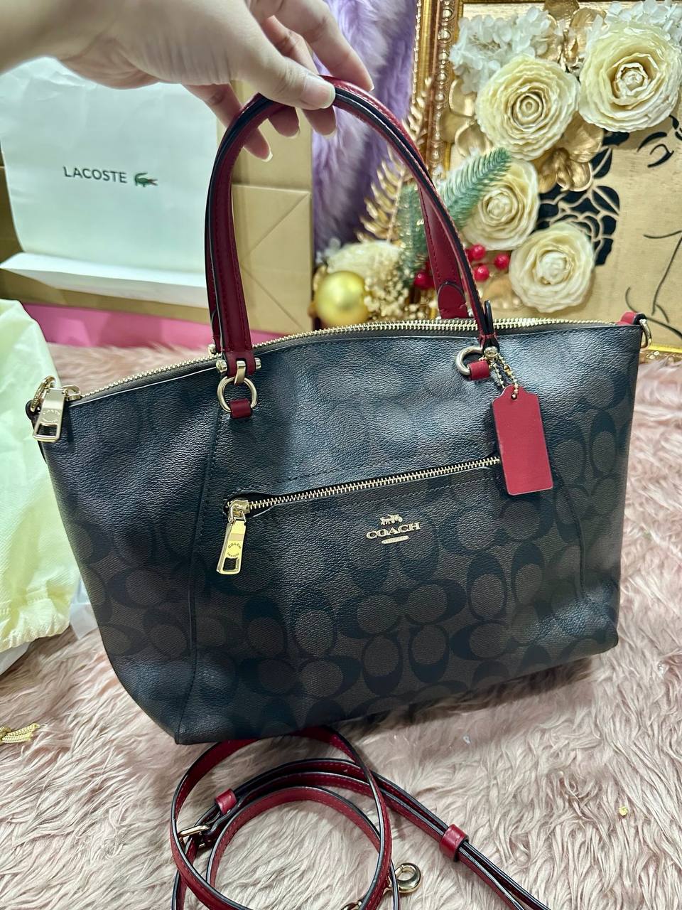 ORIG Preloved COACH Prairie Satchel In Signature Canvas Brown/Red Bag