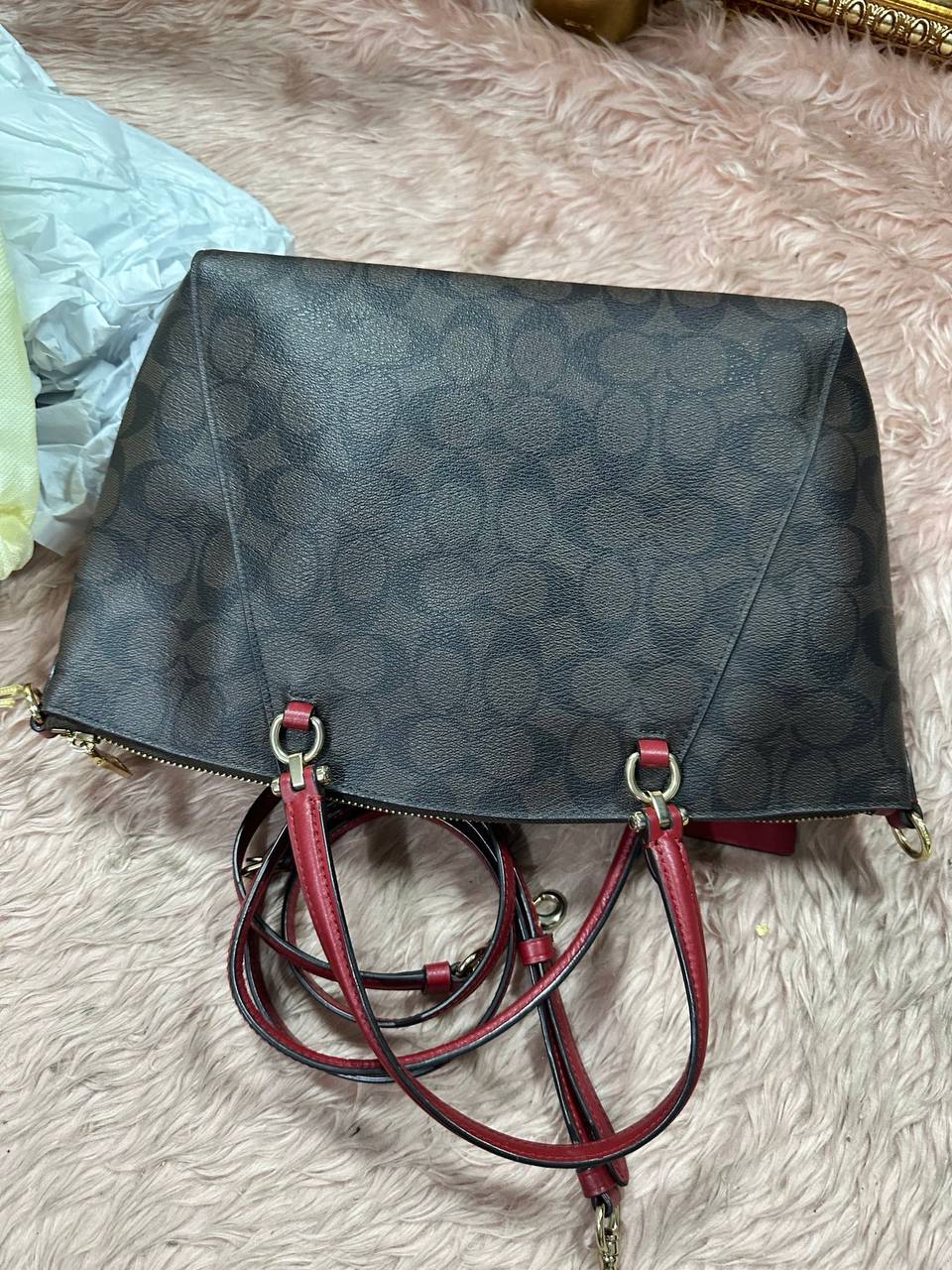 ORIG Preloved COACH Prairie Satchel In Signature Canvas Brown/Red Bag