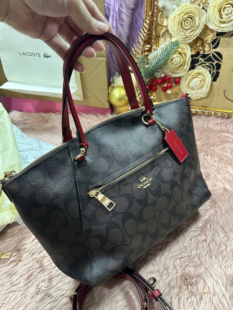 ORIG Preloved COACH Prairie Satchel In Signature Canvas Brown/Red Bag