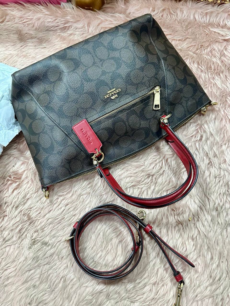 ORIG Preloved COACH Prairie Satchel In Signature Canvas Brown/Red Bag