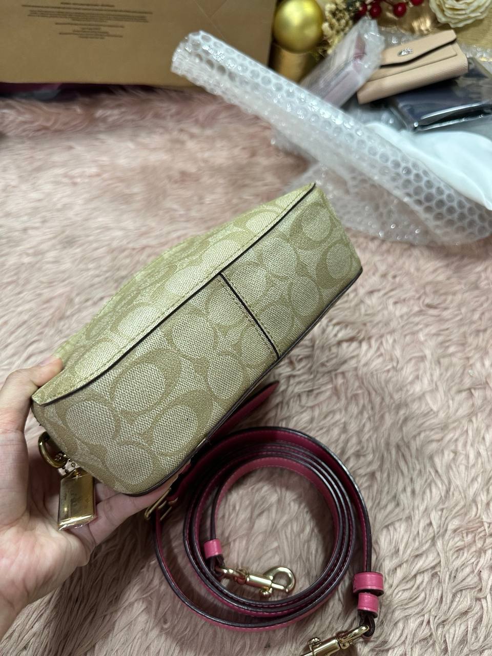 ORIG Preloved COACH Serena Satchel In Signature Canvas in Light Khaki/Pink Small Bag