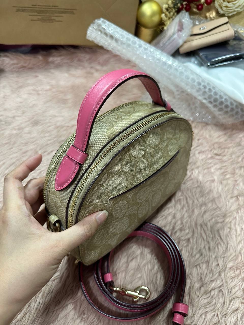ORIG Preloved COACH Serena Satchel In Signature Canvas in Light Khaki/Pink Small Bag