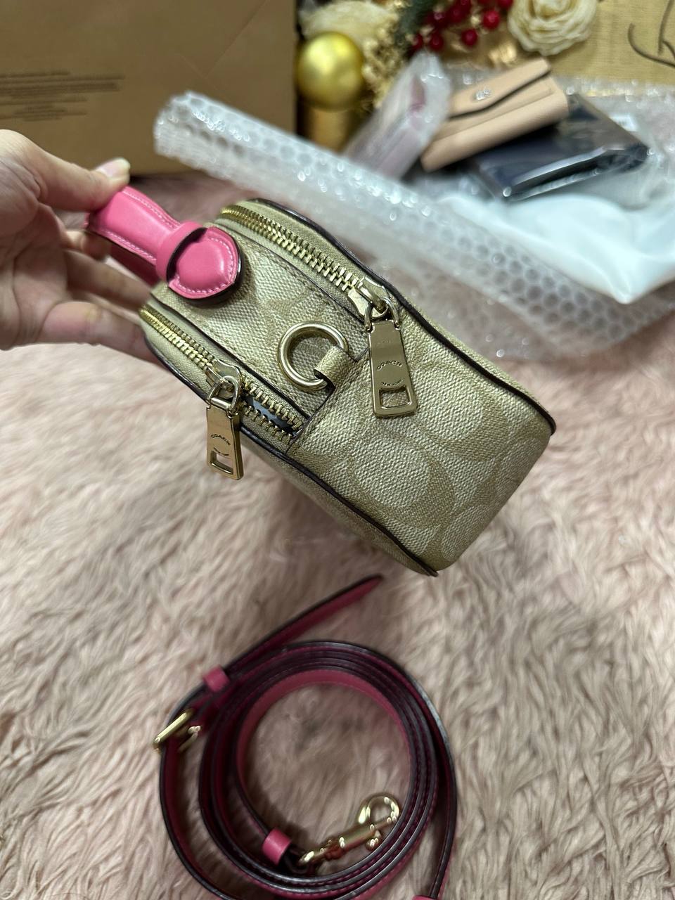 ORIG Preloved COACH Serena Satchel In Signature Canvas in Light Khaki/Pink Small Bag