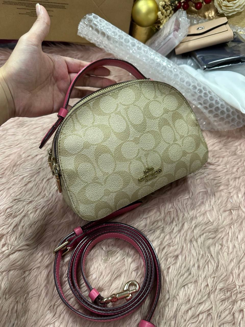 ORIG Preloved COACH Serena Satchel In Signature Canvas in Light Khaki/Pink Small Bag