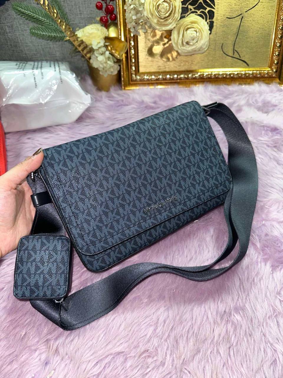 ORIG & IMPORTED Michael Kors MK Cooper Mini Signature Logo Crossbody Men Blue Bag With Pouch