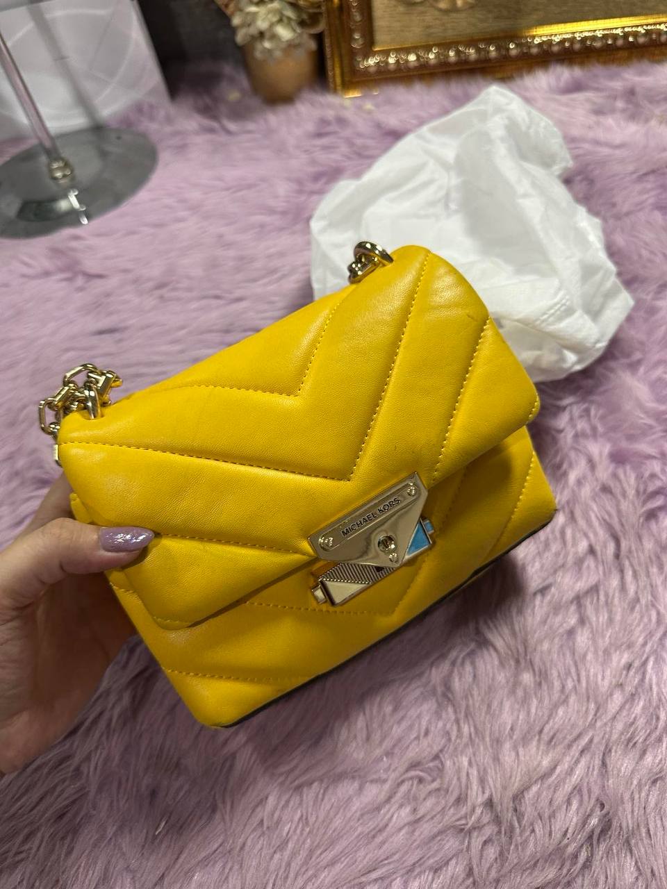 ORIG Preloved Michael Kors MK Cece Small Quilted Leather Convertible Shoulder Yellow Bag