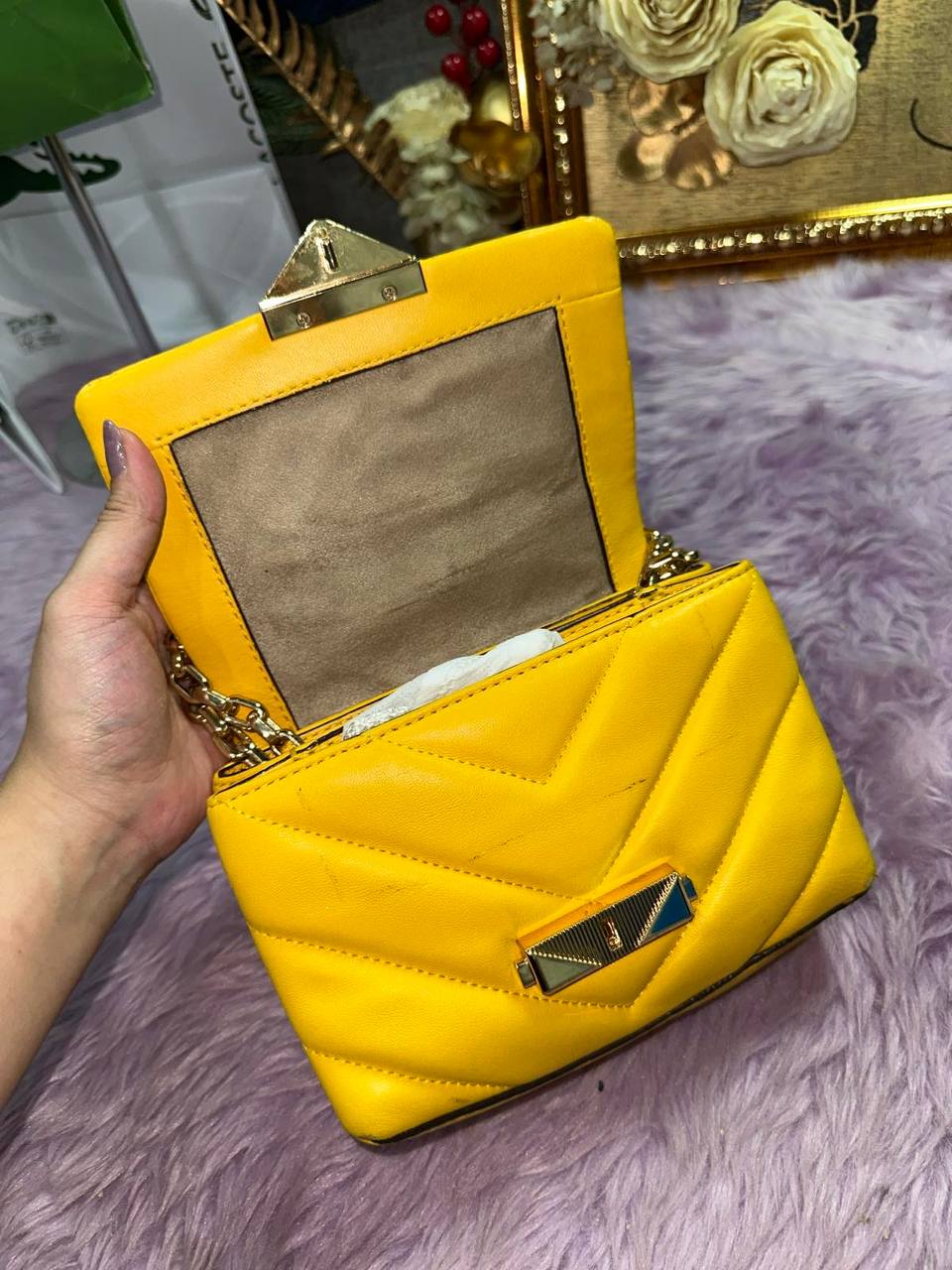 ORIG Preloved Michael Kors MK Cece Small Quilted Leather Convertible Shoulder Yellow Bag