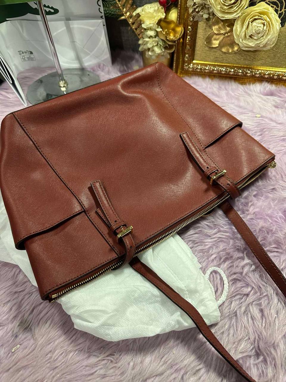 ORIG Preloved Michael Kors MK Charlotte Large Leather Top Zip Shoulder Tote Red Bag