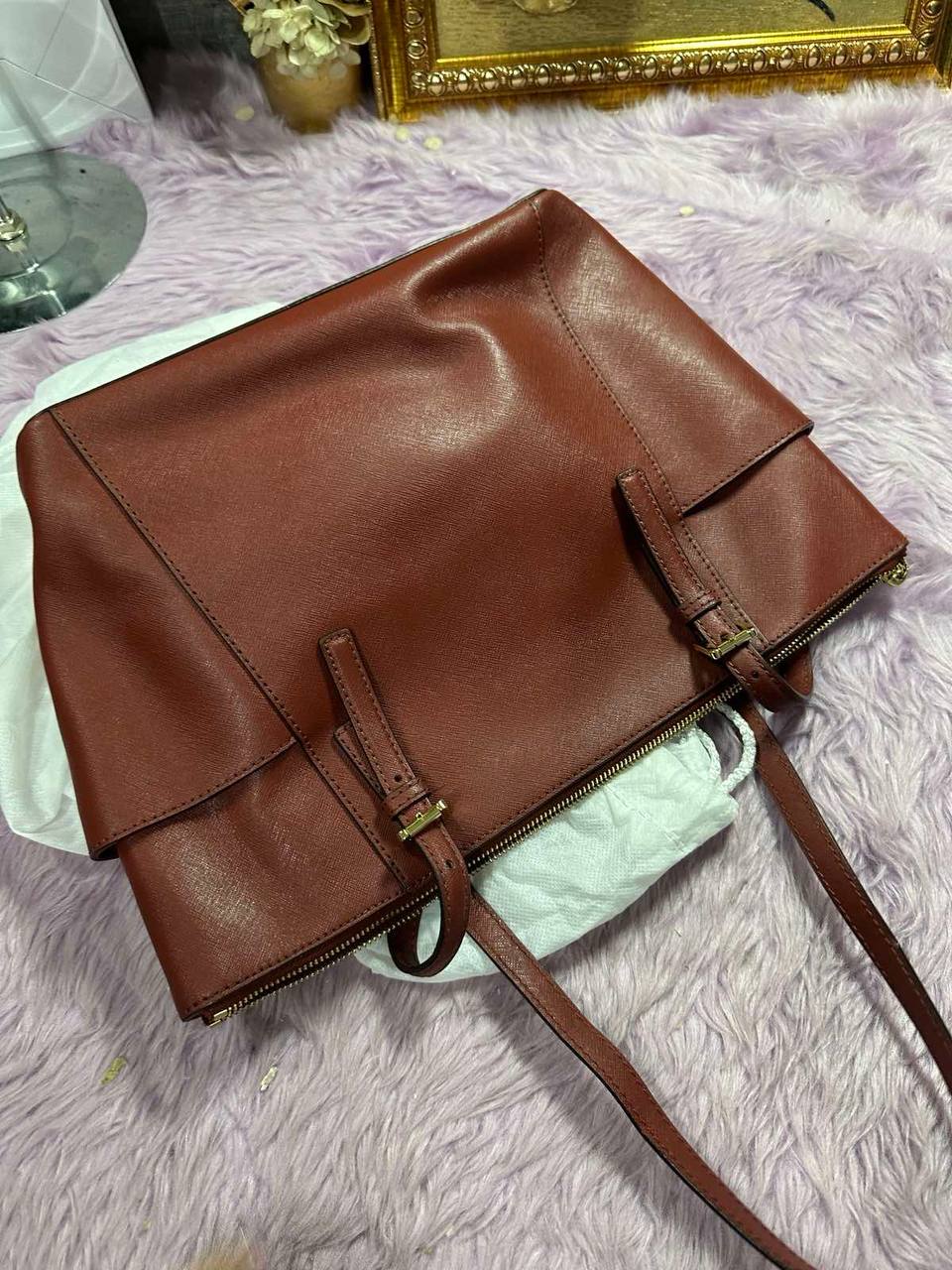 ORIG Preloved Michael Kors MK Charlotte Large Leather Top Zip Shoulder Tote Red Bag