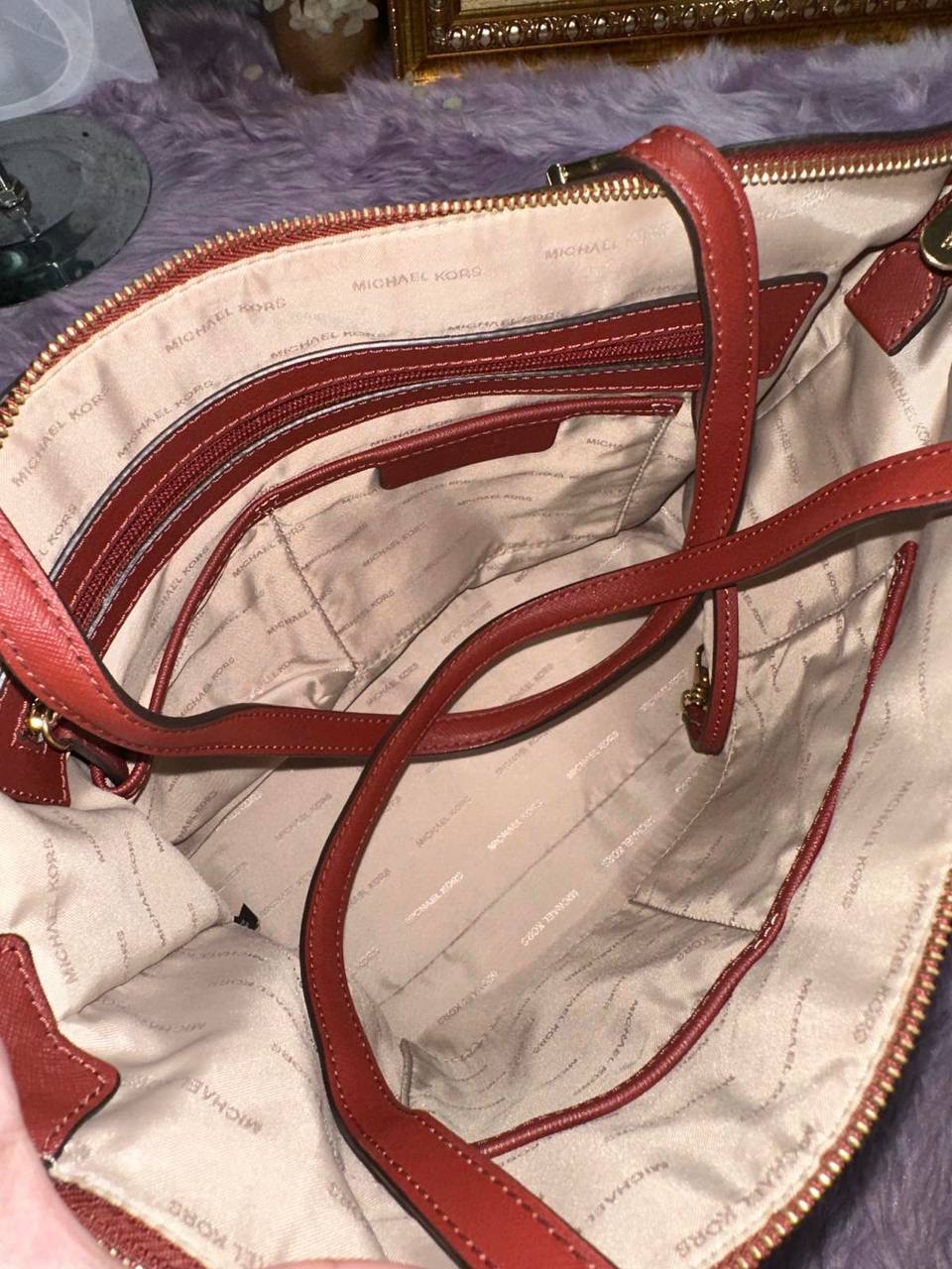ORIG Preloved Michael Kors MK Charlotte Large Leather Top Zip Shoulder Tote Red Bag