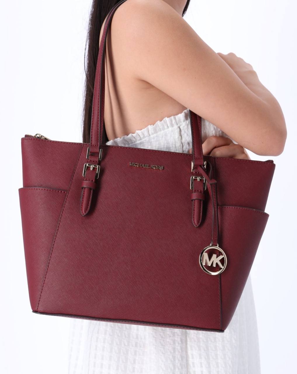 ORIG Preloved Michael Kors MK Charlotte Large Leather Top Zip Shoulder Tote Red Bag