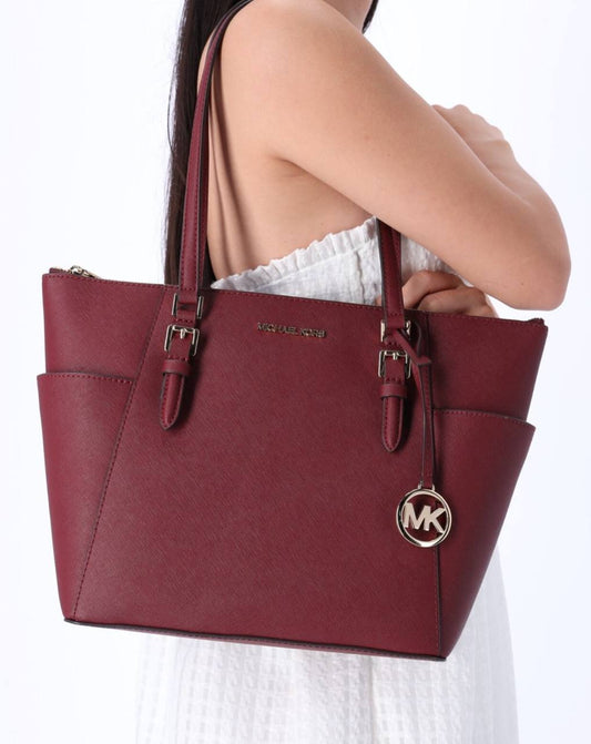 ORIG Preloved Michael Kors MK Charlotte Large Leather Top Zip Shoulder Tote Red Bag