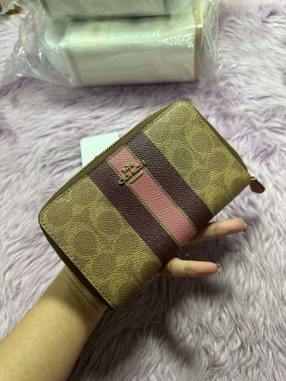 ORIG & IMPORTED Coach Medium Id Zip Wallet In Signature Canvas Varsity Stripe Brown/White/Pink