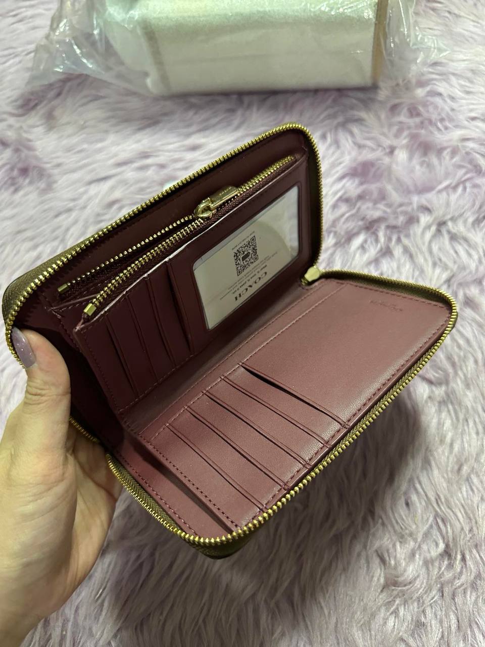 ORIG & IMPORTED Coach Medium Id Zip Wallet In Signature Canvas Varsity Stripe Brown/White/Pink