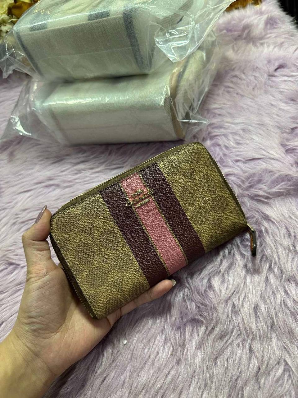 ORIG & IMPORTED Coach Medium Id Zip Wallet In Signature Canvas Varsity Stripe Brown/White/Pink