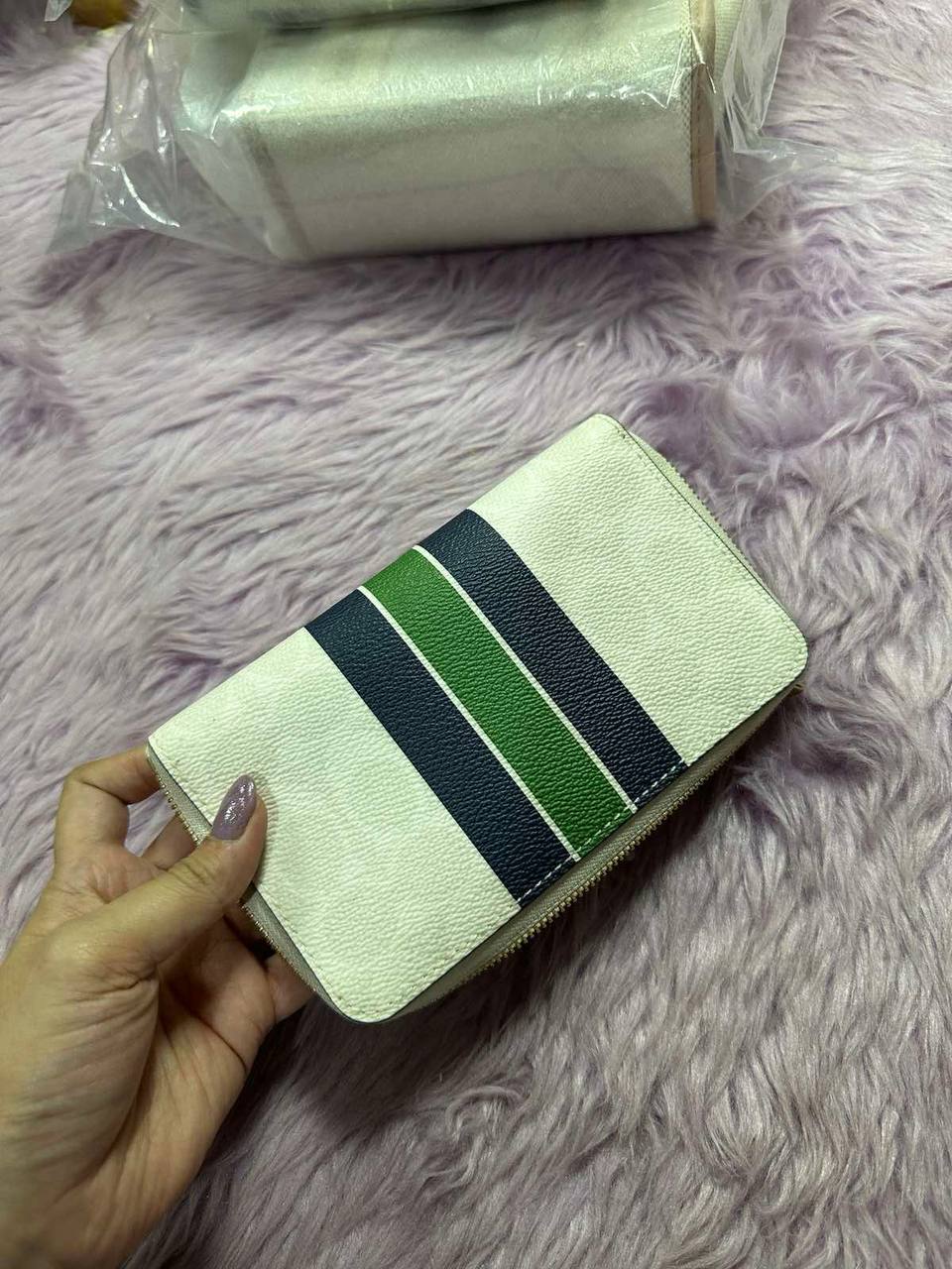 ORIG & IMPORTED Coach Medium Id Zip Wallet In Signature Canvas Varsity Stripe Brown/White/Pink