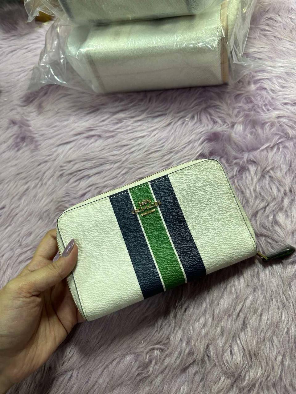 ORIG & IMPORTED Coach Medium Id Zip Wallet In Signature Canvas Varsity Stripe Brown/White/Pink