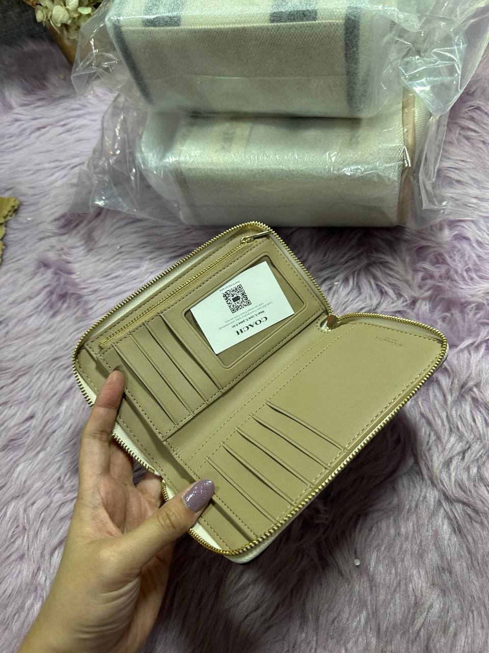 ORIG & IMPORTED Coach Medium Id Zip Wallet In Signature Canvas Varsity Stripe Brown/White/Pink