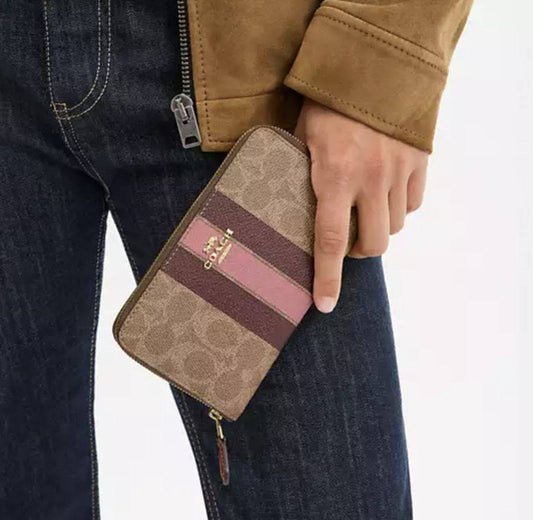 ORIG & IMPORTED Coach Medium Id Zip Wallet In Signature Canvas Varsity Stripe Brown/White/Pink