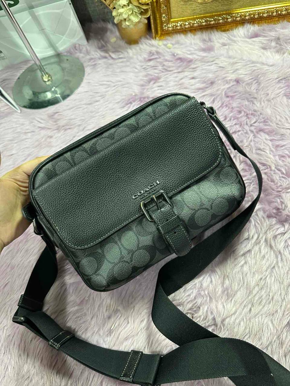 ORIG Preloved Coach Hudson Crossbody Men Black Bag In Signature Canvas