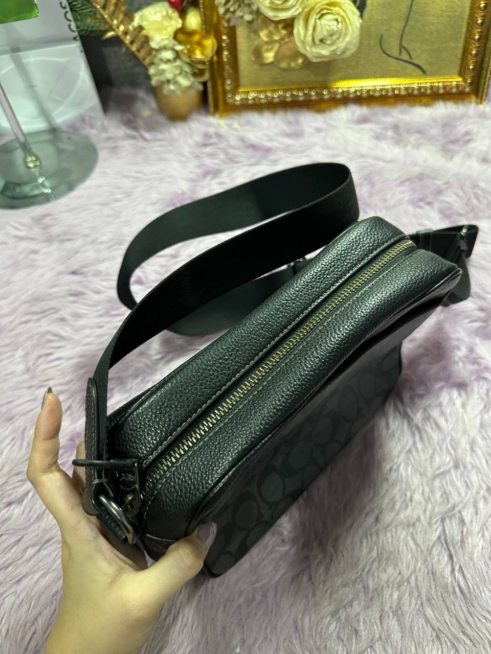 ORIG Preloved Coach Hudson Crossbody Men Black Bag In Signature Canvas