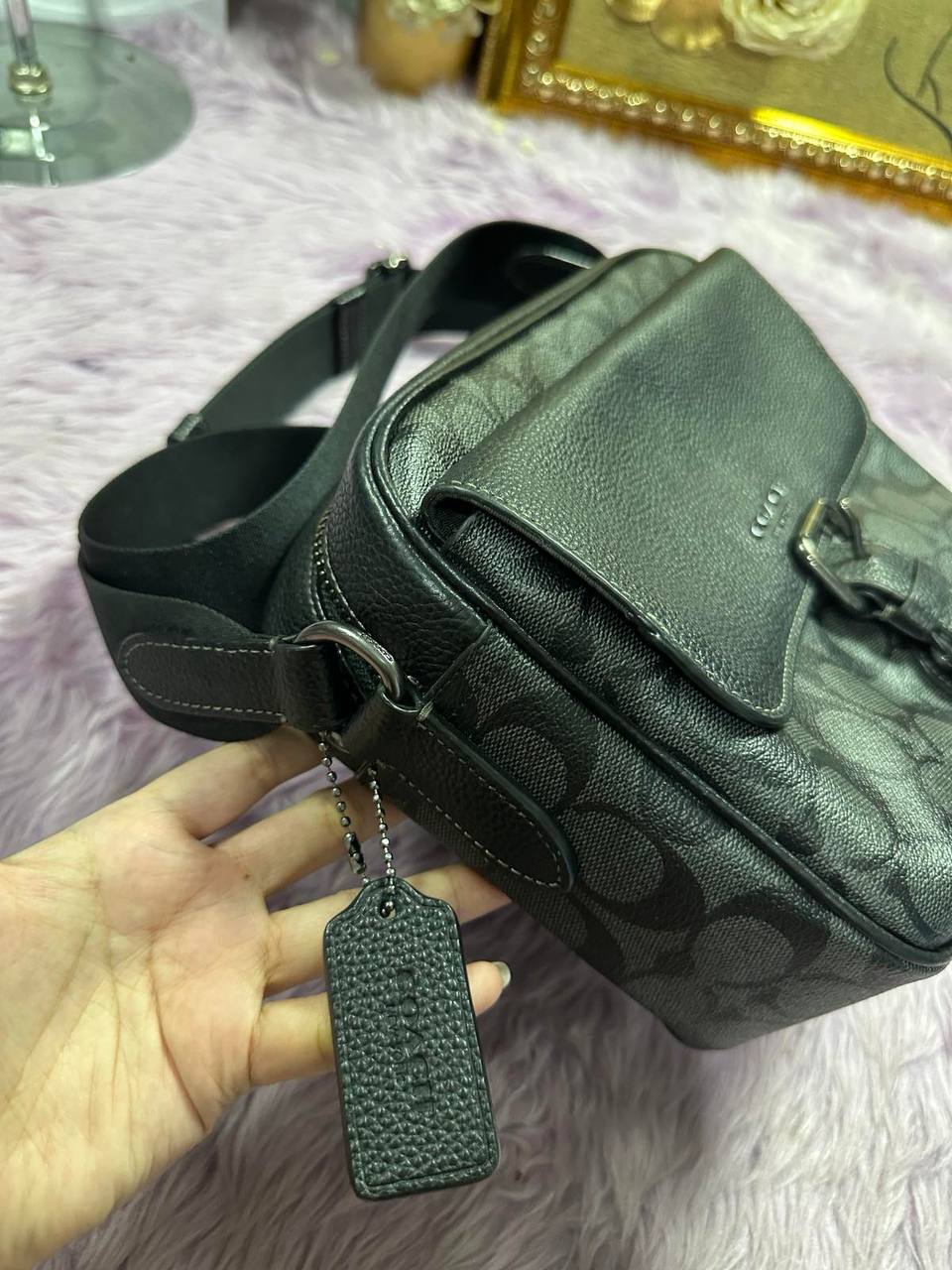 ORIG Preloved Coach Hudson Crossbody Men Black Bag In Signature Canvas