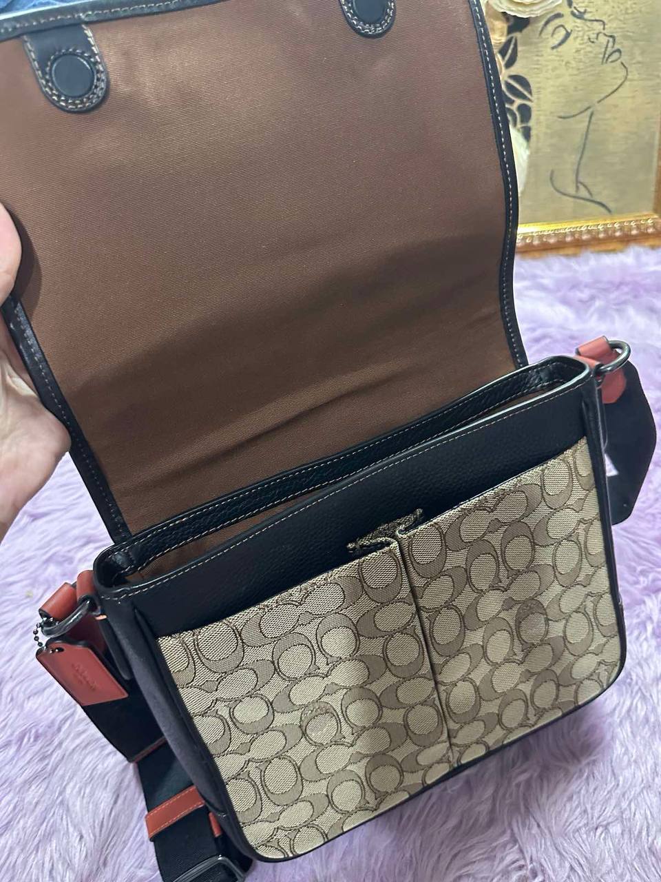 ORIG Preloved Coach Sprint Messenger Men Brown Bag In Signature Jacquard