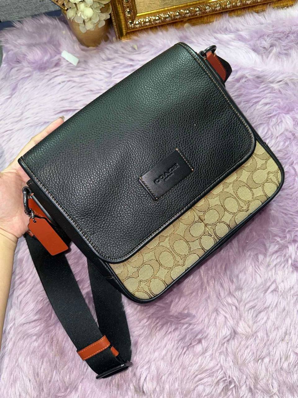 ORIG Preloved Coach Sprint Messenger Men Brown Bag In Signature Jacquard