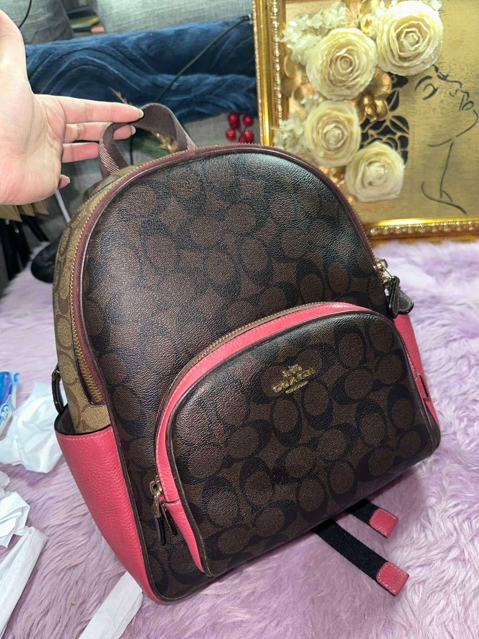 ORIG Preloved Coach Court Backpack Brown/Pink Bag In Blocked Signature Canvas