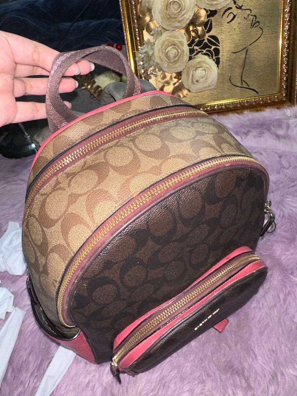 ORIG Preloved Coach Court Backpack Brown/Pink Bag In Blocked Signature Canvas
