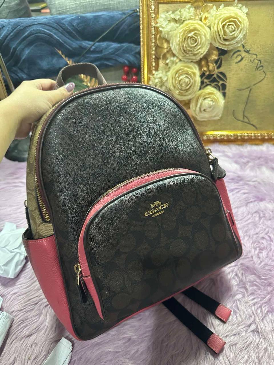 ORIG Preloved Coach Court Backpack Brown/Pink Bag In Blocked Signature Canvas