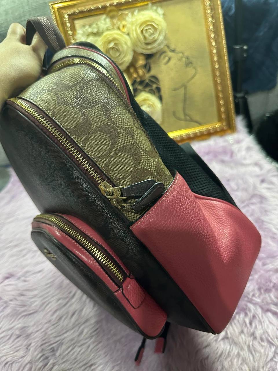 ORIG Preloved Coach Court Backpack Brown/Pink Bag In Blocked Signature Canvas