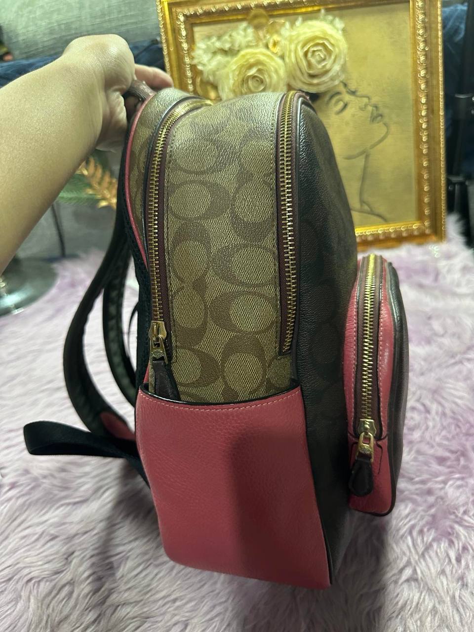 ORIG Preloved Coach Court Backpack Brown/Pink Bag In Blocked Signature Canvas