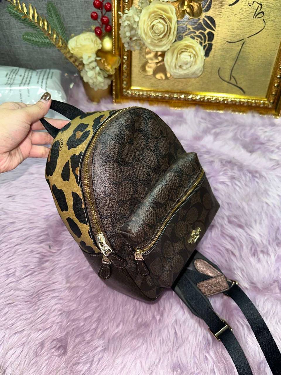 ORIG Preloved Coach Mini Charlie Backpack With Leopard Print Brown Small Bag