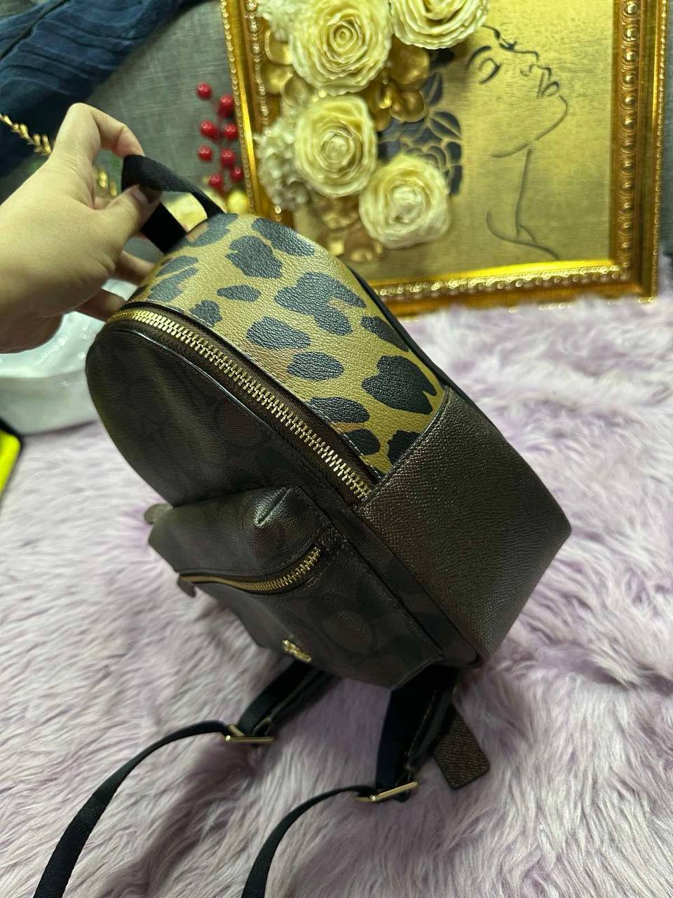 ORIG Preloved Coach Mini Charlie Backpack With Leopard Print Brown Small Bag