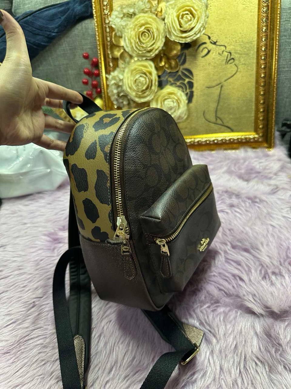 ORIG Preloved Coach Mini Charlie Backpack With Leopard Print Brown Small Bag