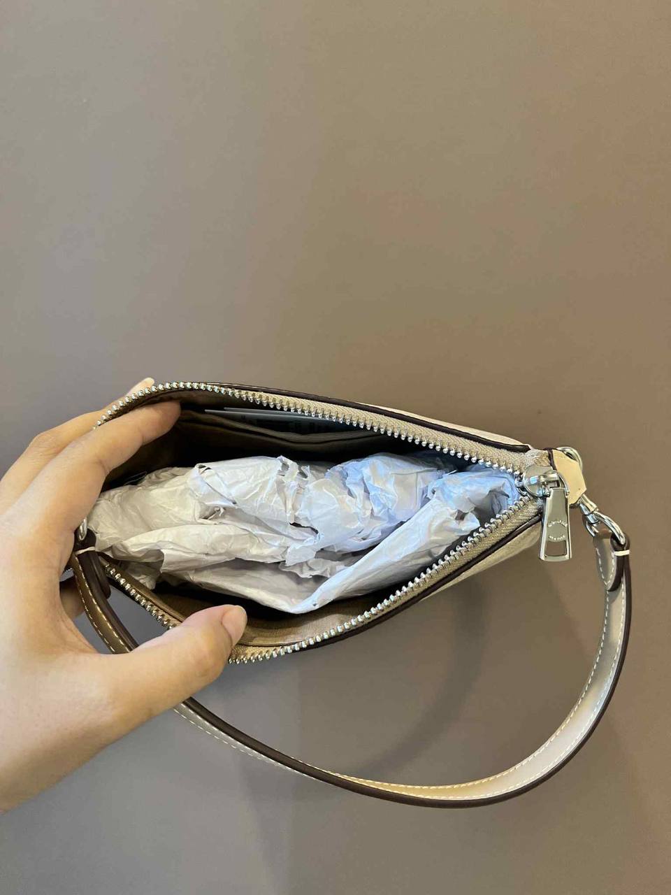 ORIG & IMPORTED Coach Nolita 19 In Signature Canvas Sand/Taupe Small Kilikili Bag