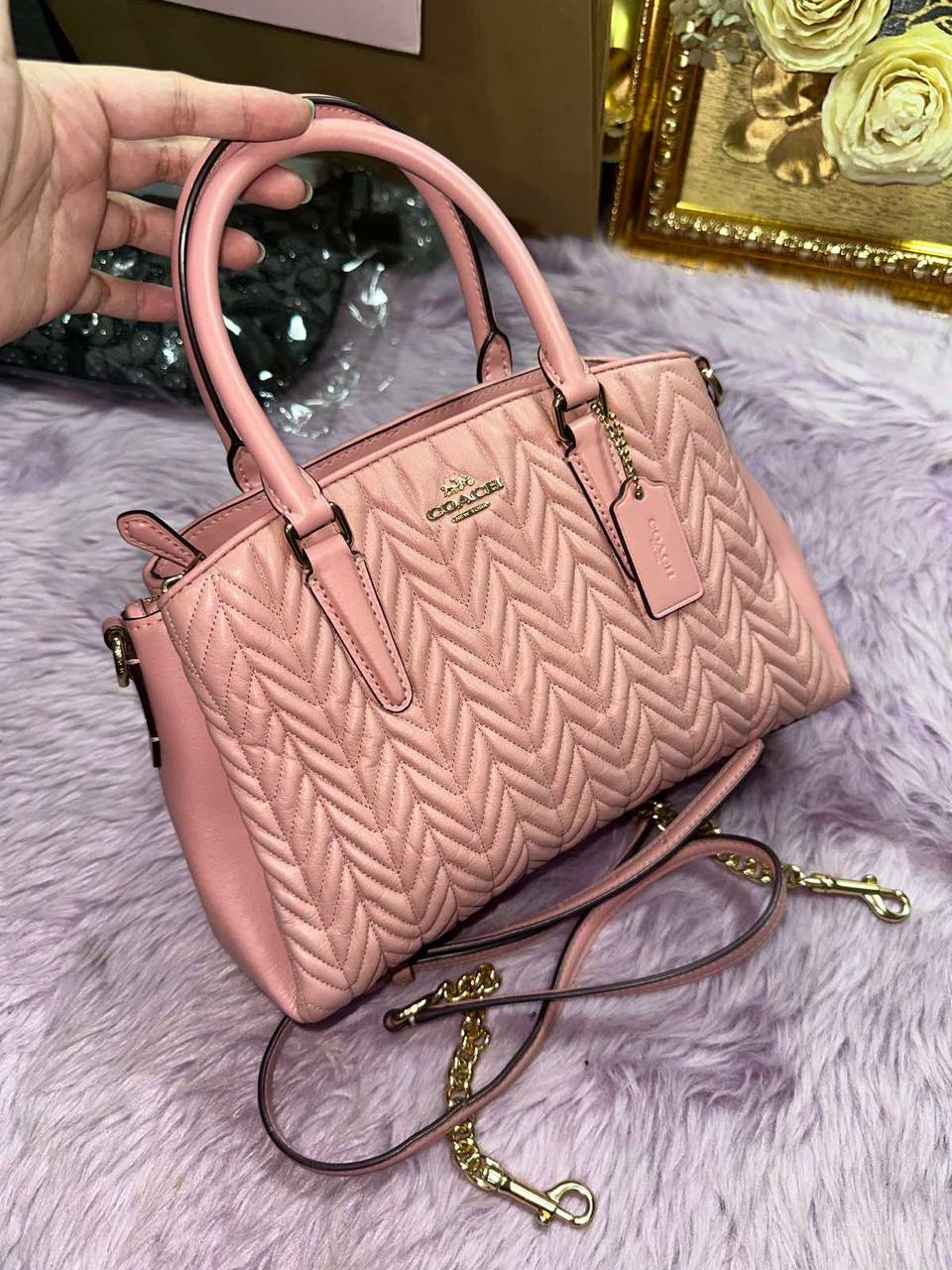 ORIG Preloved RARE Coach Mini Sage Carryall Satchel Small Pink Quilted Bag