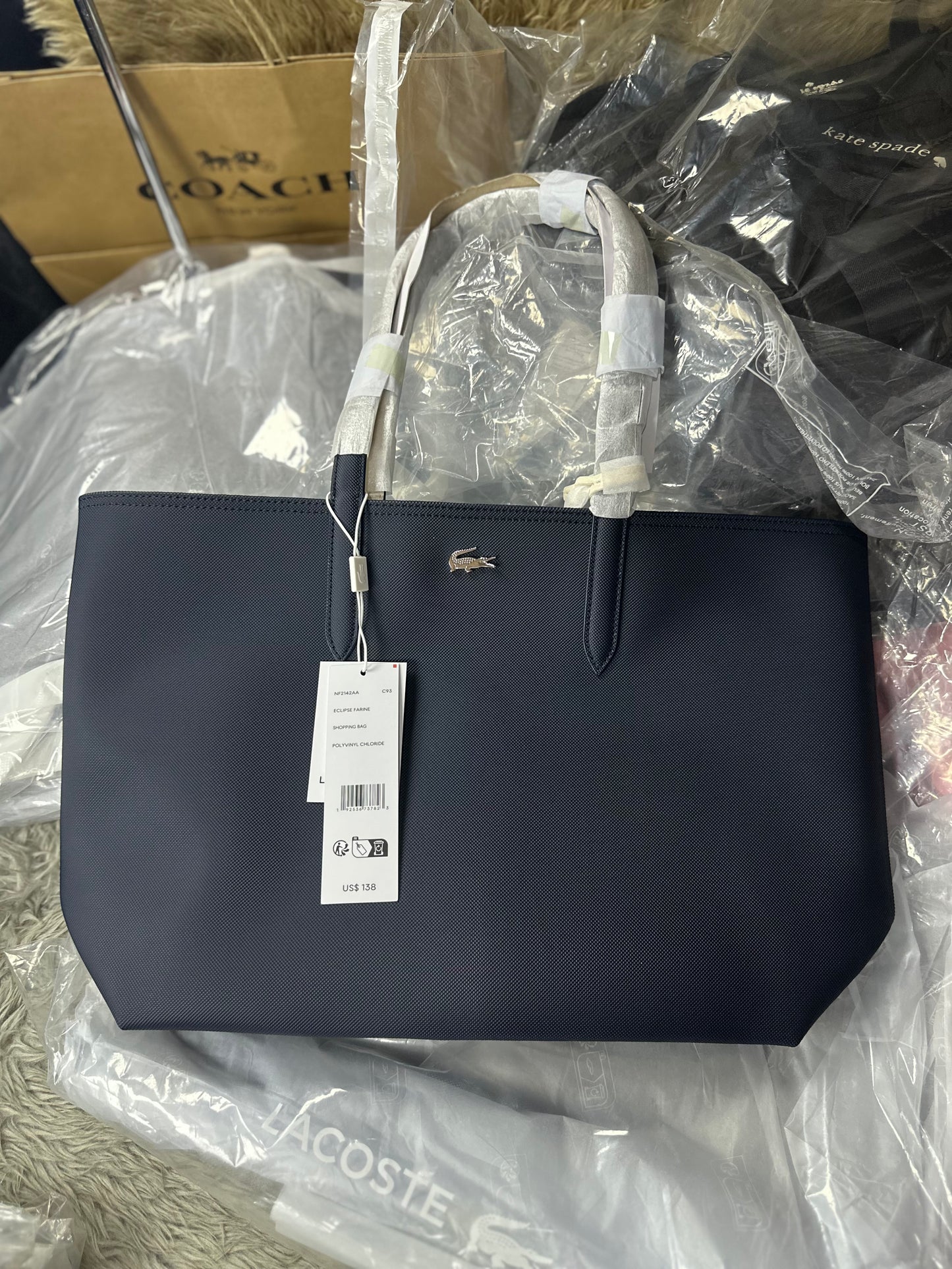 AUTHENTIC/ORIGINAL Lacoste Anna Reversible Bocolor Tote Bag in Brown/Cream White/Navy/Black