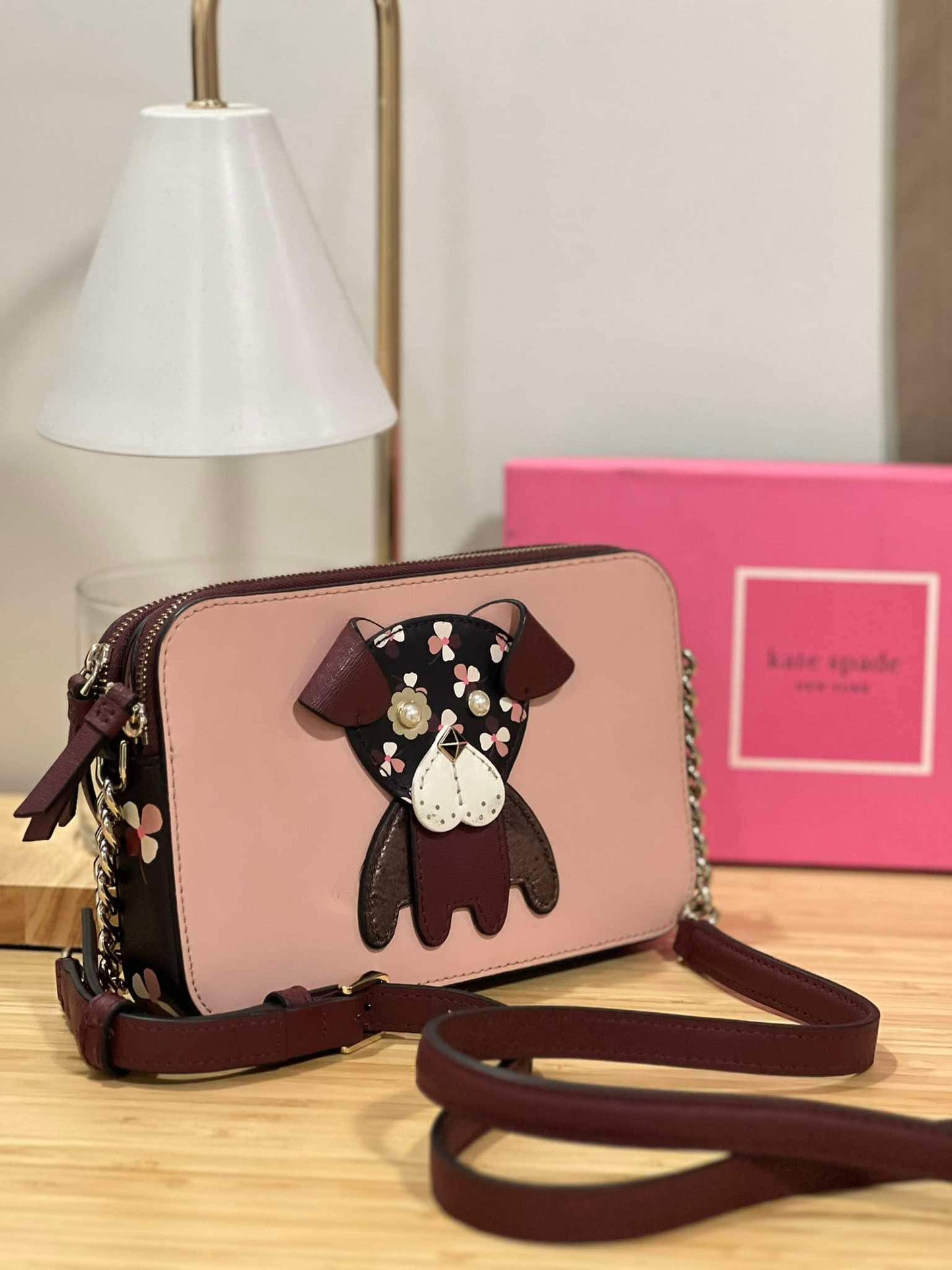 AUTHENTIC/ORIGINAL Preloved KateSpade KS Floral Pup Pug Double Zip Small Crossbody Bag