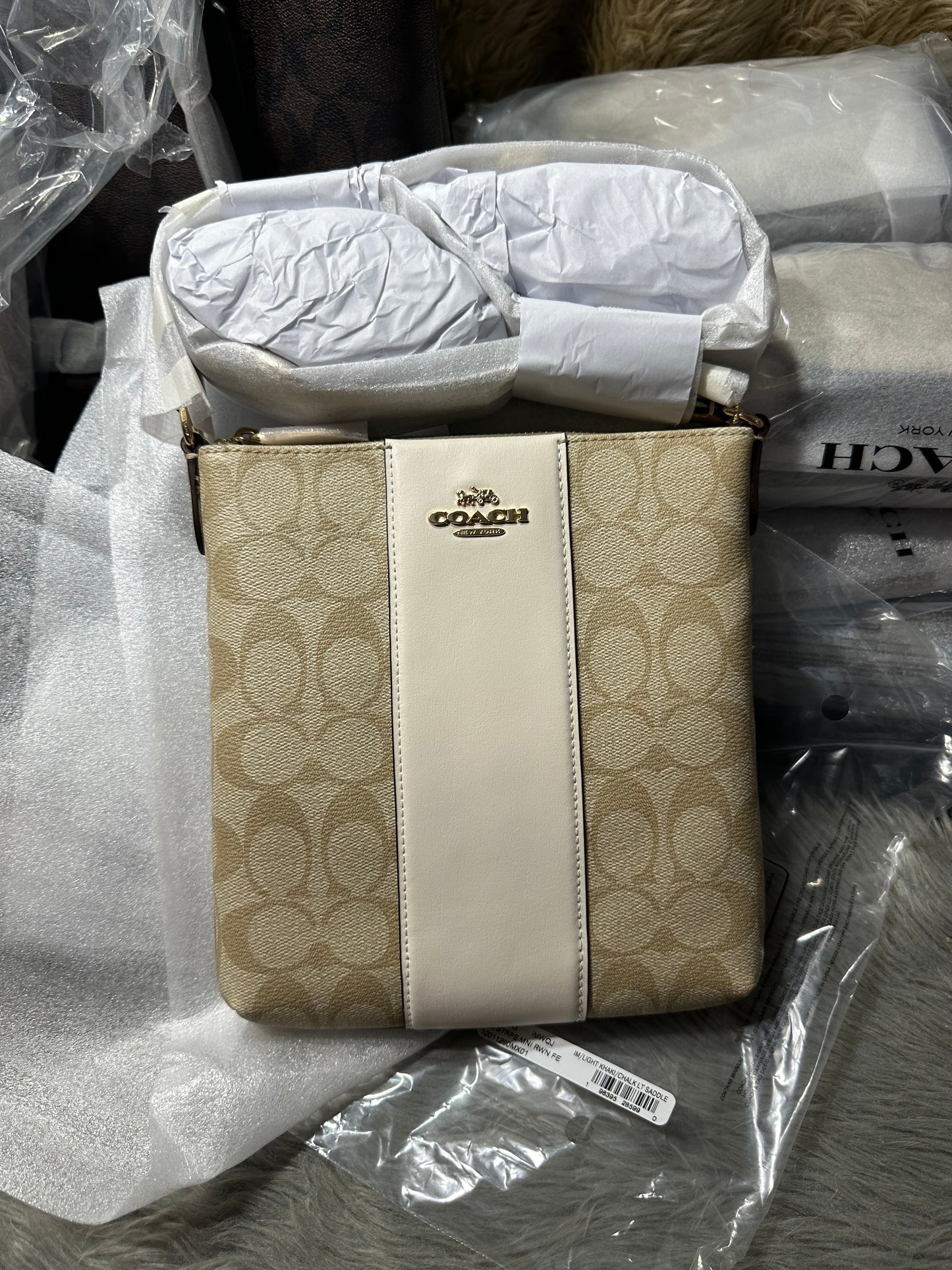 AUTHENTIC/ORIGINAL Coach Mini Rowan File Bag In White Signature Canvas With Stripe