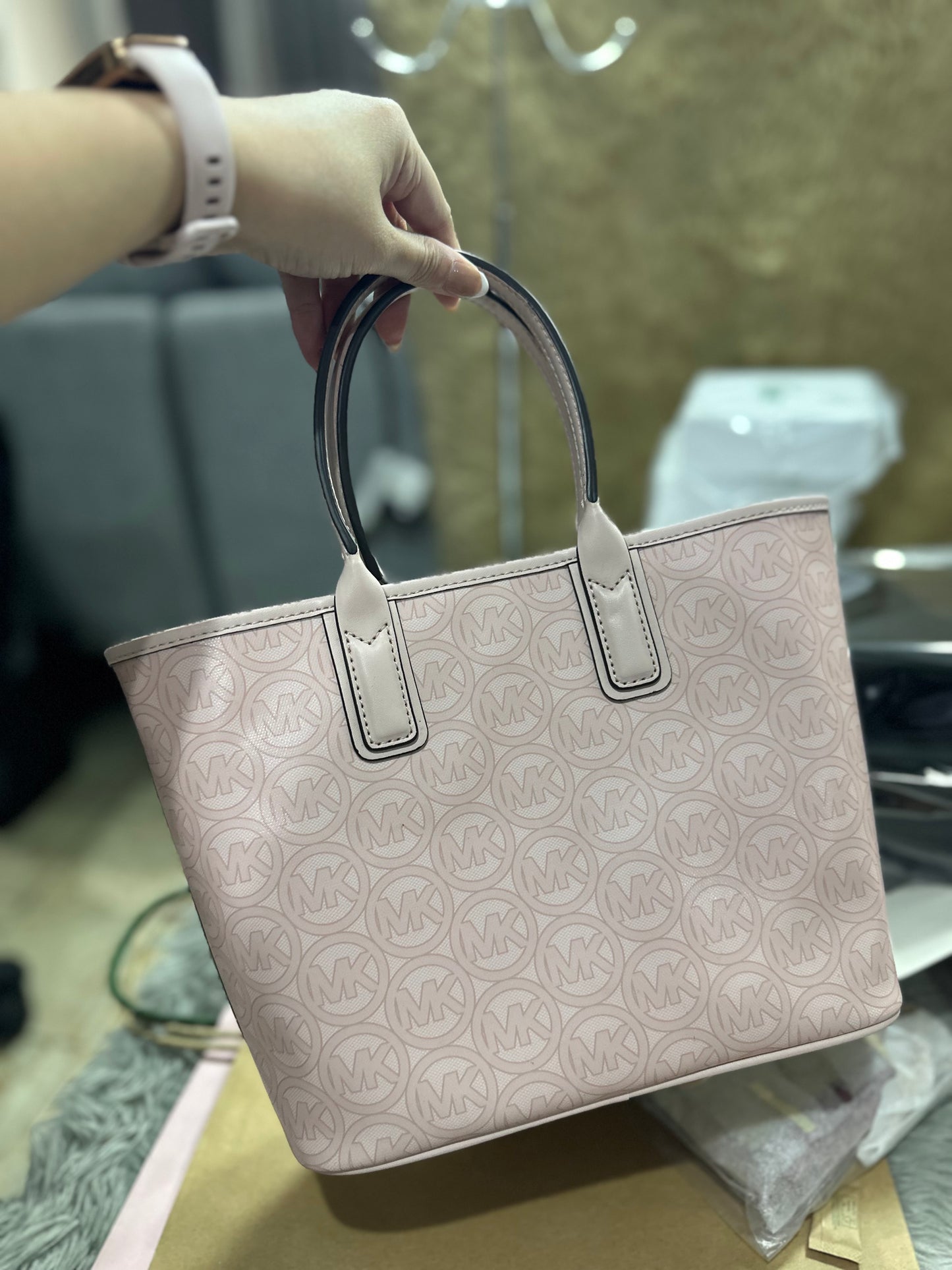 AUTHENTIC/ORIGINAL Preloved Michael Kors MK Jodie Small Logo Jacquard Pink Small Tote Bag