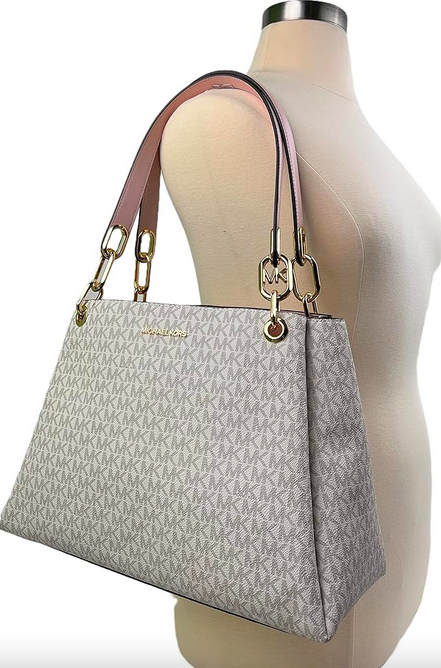 AUTHENTIC/ORIGINAL MK Trisha Large Logo Shoulder Tote Bag in Vanilla White