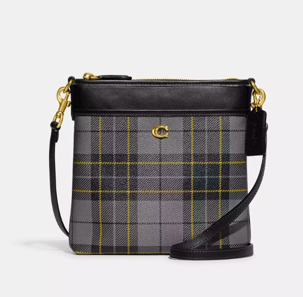 AUTHENTIC/ORIGINAL Coach Kitt Messenger Crossbody Bag With Plaid Print Slim Black